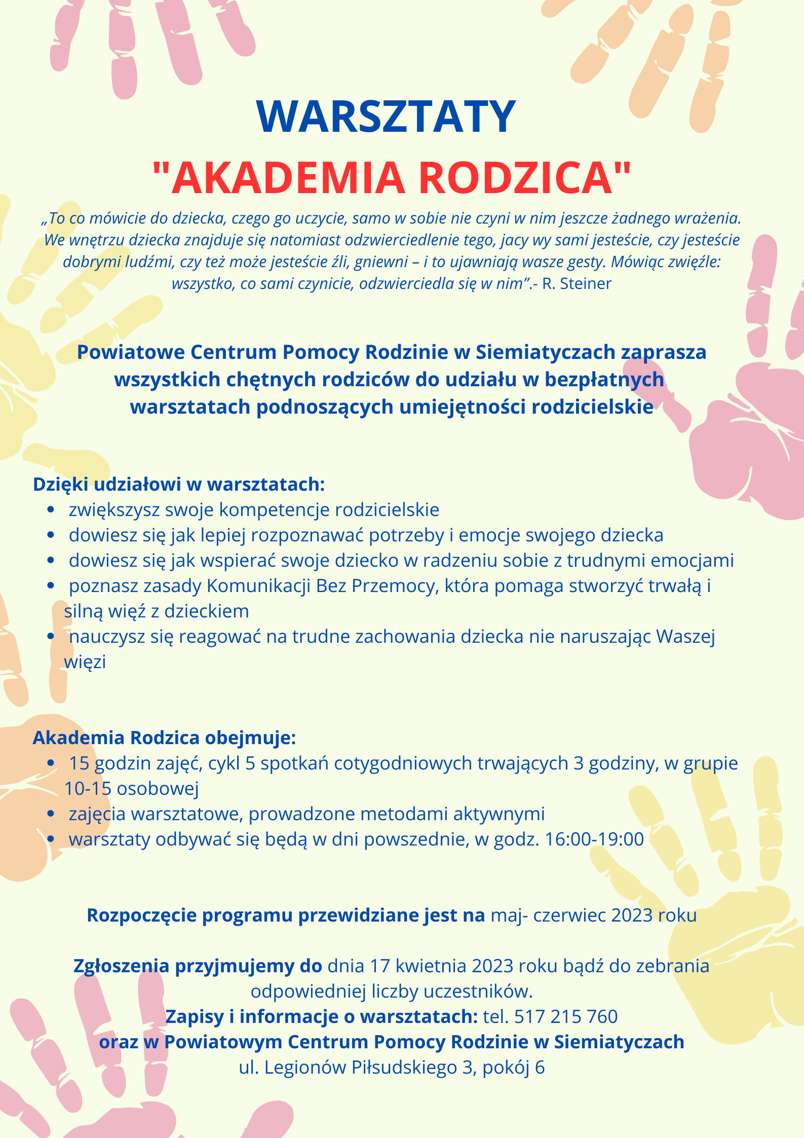 plakat akademia rodzica organizowany przez powiatowe centrum pomocy rodzinie w siemiatyczach