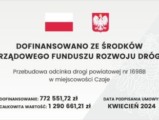 tablica informacyjna dotycząca inwestycji Przebudowa odcinka drogi powiatowej nr 1698B w miejscowości Czaje
