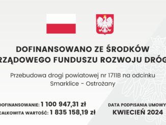tablica informacyjna Przebudowa drogi powiatowej nr 1711B na odcinku Smarklice- Ostrożany